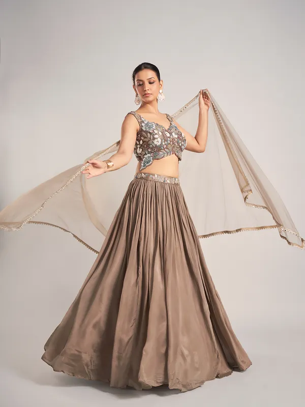 Dark beige silk wedding wear lehenga choli