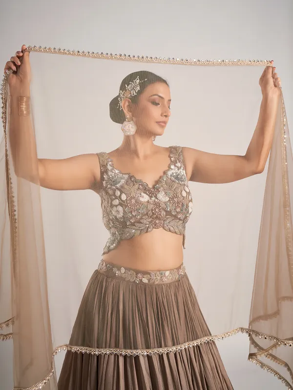 Dark beige silk wedding wear lehenga choli