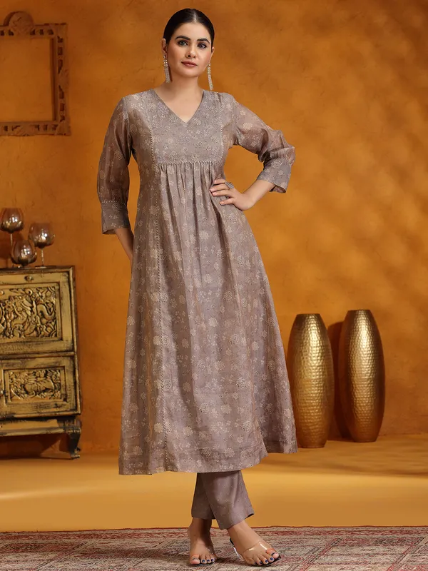 Dark beige soft organza printed kurti set