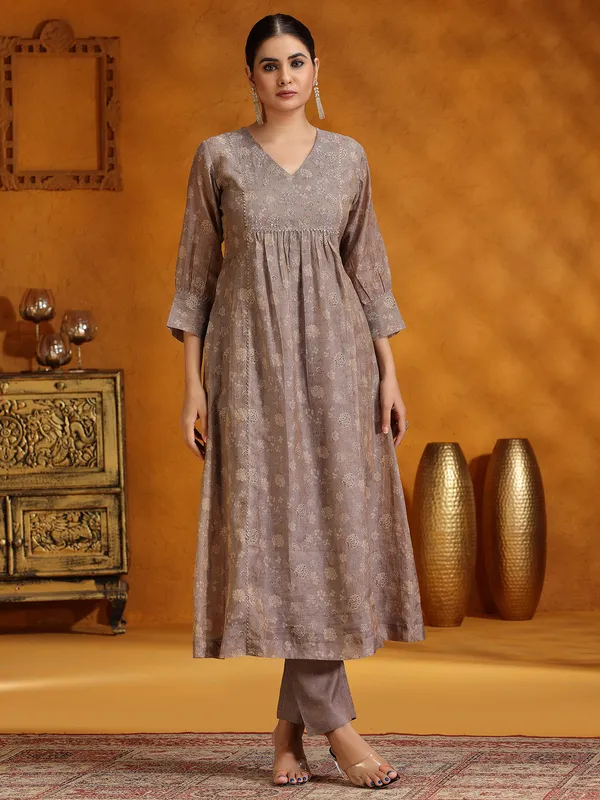 Dark beige soft organza printed kurti set