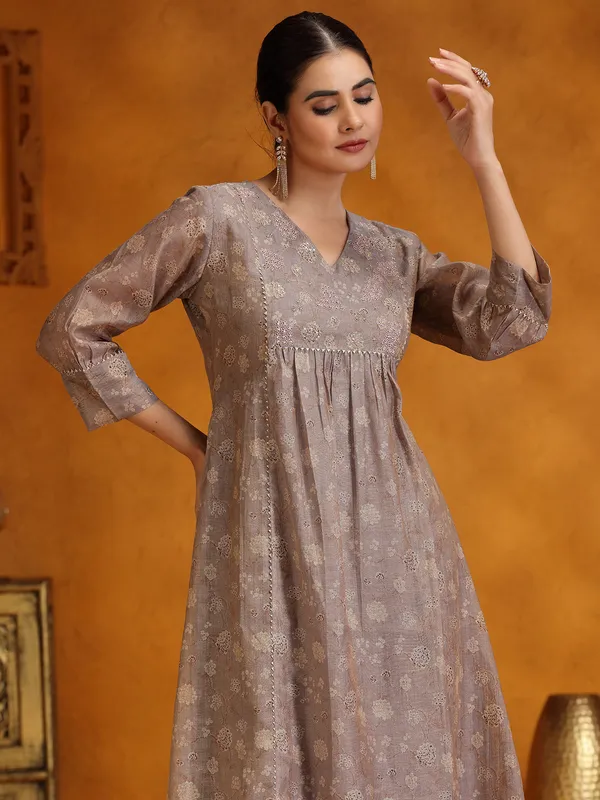Dark beige soft organza printed kurti set
