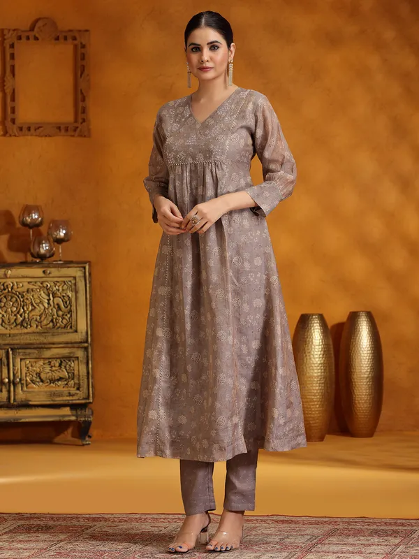 Dark beige soft organza printed kurti set