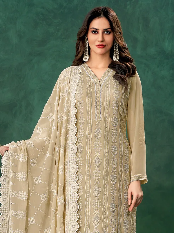 Dark Beige thread worked georgette salwar suit