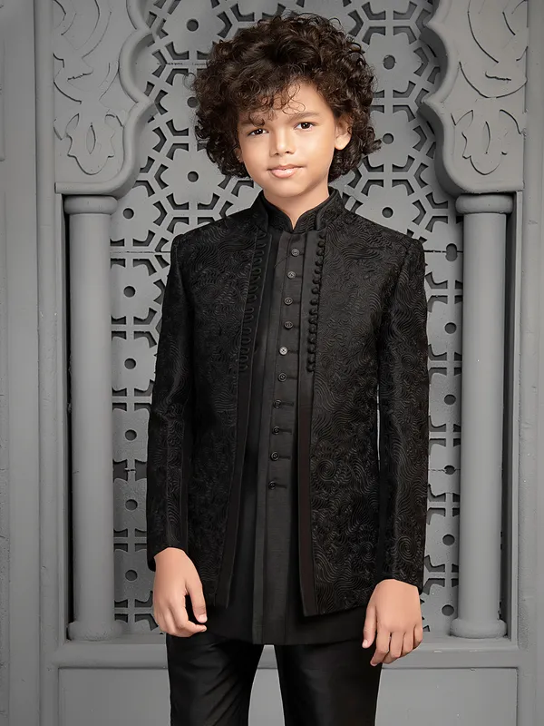 Dark Black charming indo western in raw silk for boys