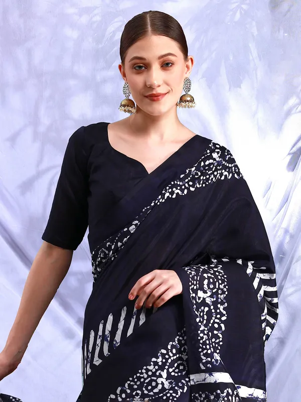 Dark blue bhagalpuri silk printed saree