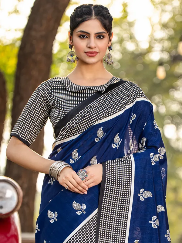 Dark blue bhagalpuri silk saree in printed