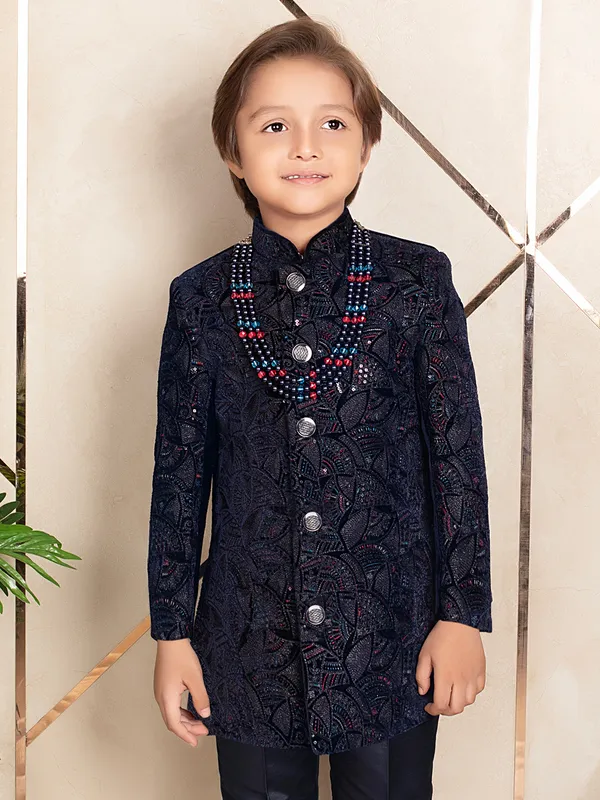 Dark blue charming indo western in velvet for boys