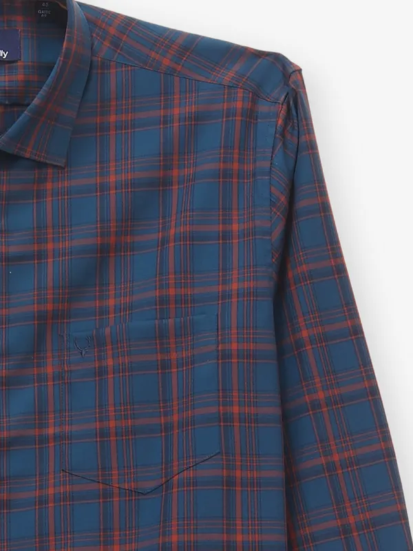 ALLEN SOLLY dark blue checkered cotton casual slim fit shirt