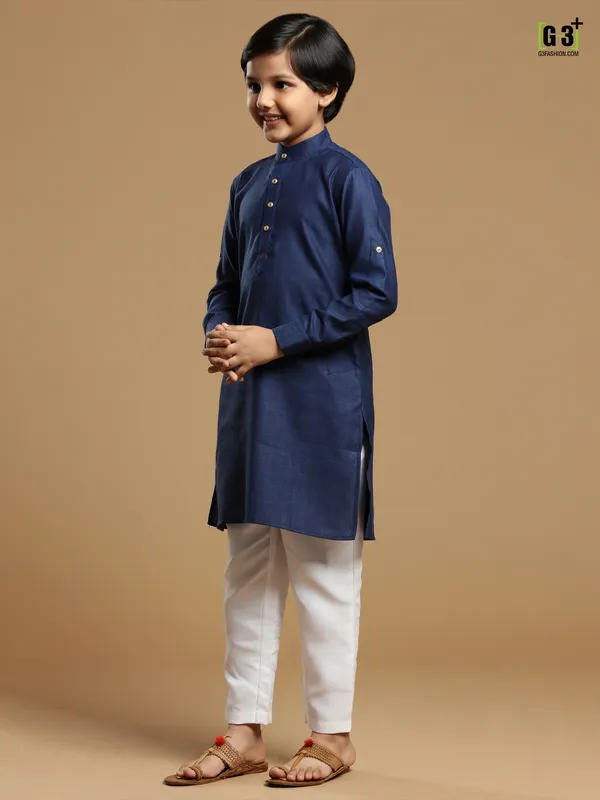 Dark blue color boys cotton solid kurta suit