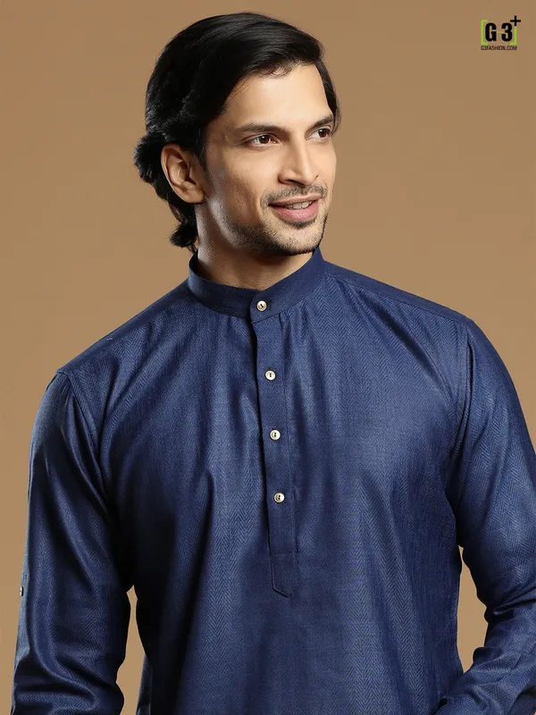 Dark blue color men cotton solid kurta suit