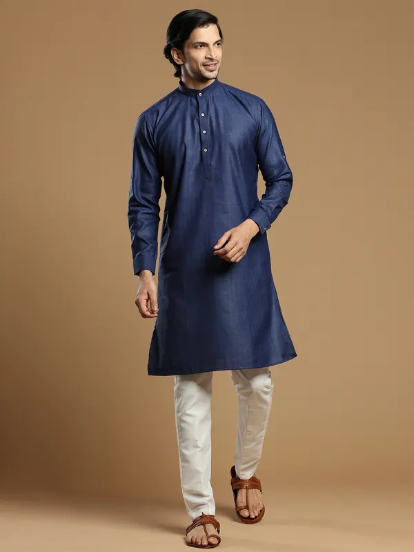 Dark blue color men cotton solid  Kurta pajama