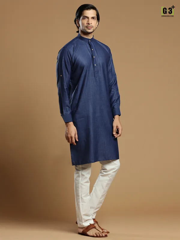 Dark blue color men cotton solid kurta suit