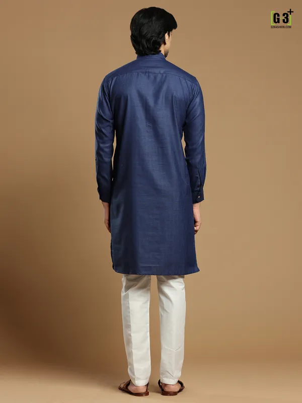 Dark blue color men cotton solid kurta suit