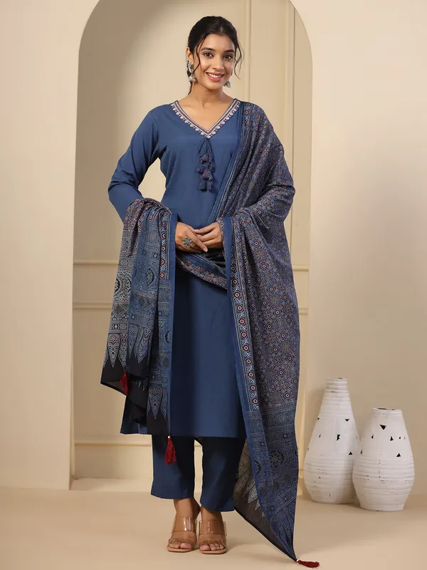 Dark blue cotton plain kurti set
