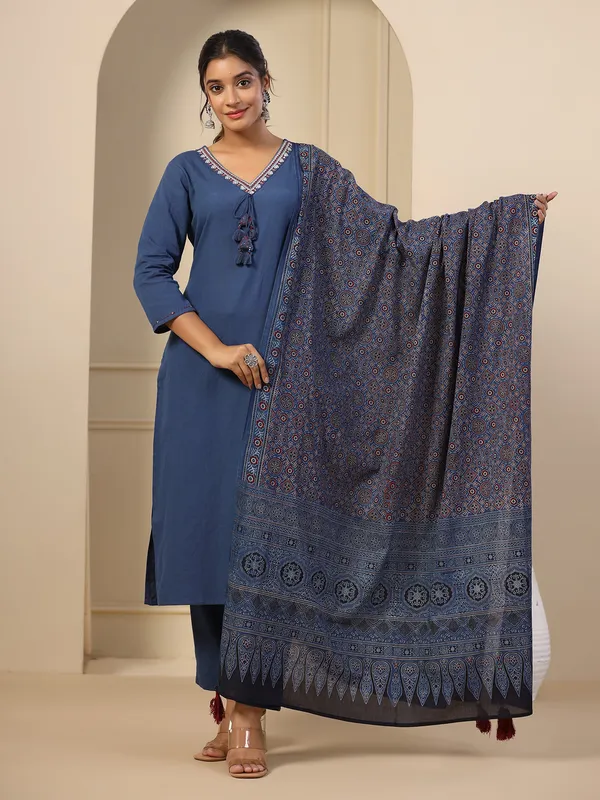 Dark blue cotton plain kurti set