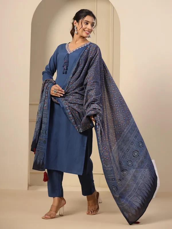 Dark blue cotton plain kurti set