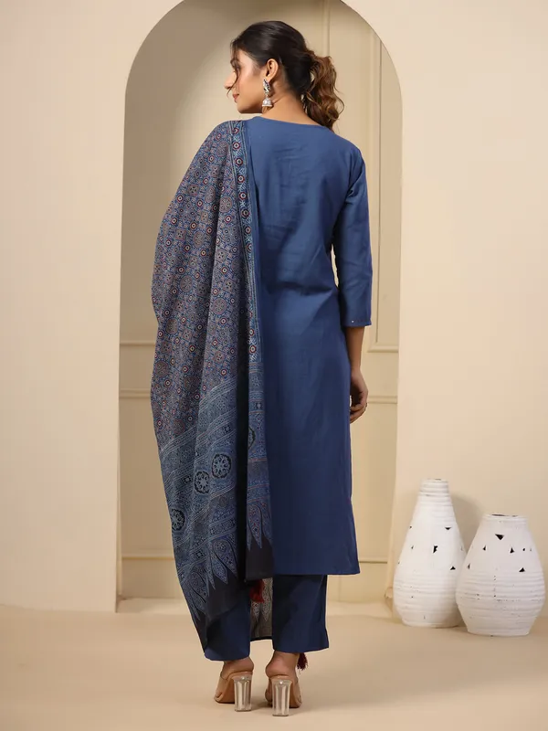 Dark blue cotton plain kurti set