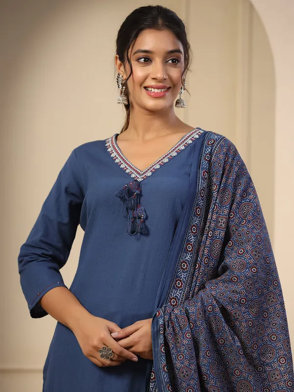 Dark blue cotton plain kurti set