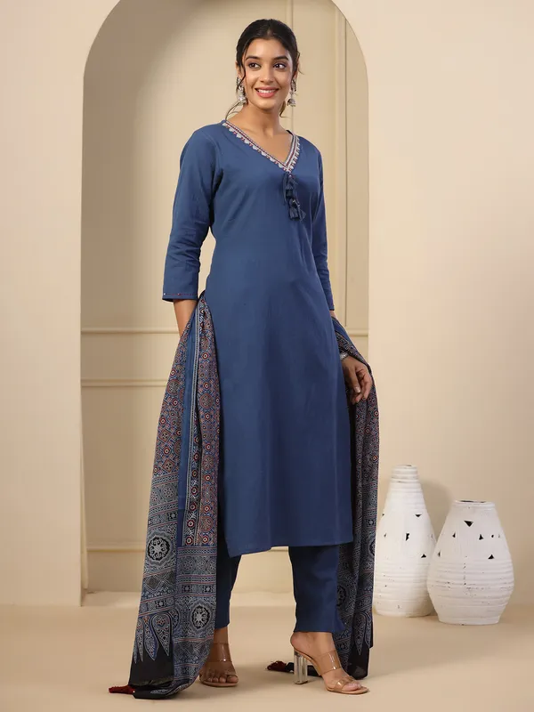 Dark blue cotton plain kurti set