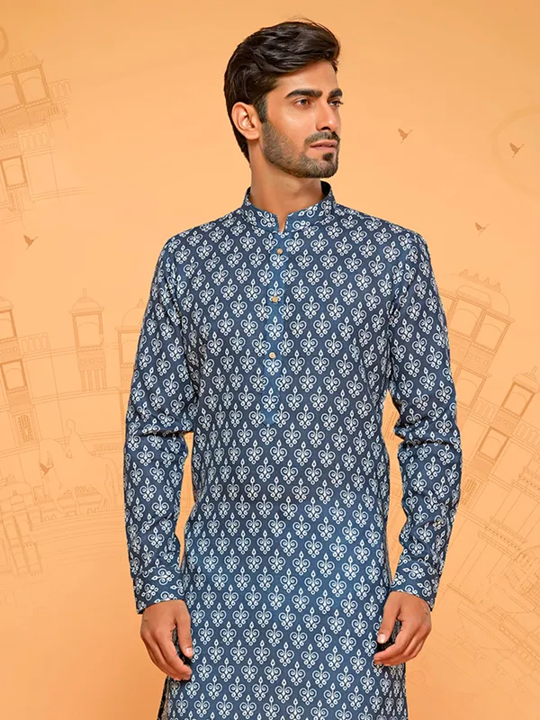 Dark blue cotton printed kurta suit for festive
