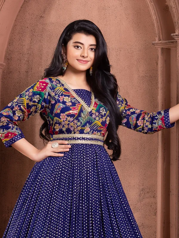 Dark blue designer gown in georgette for girls