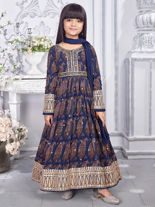 Dark blue georgette printed anarkali suit