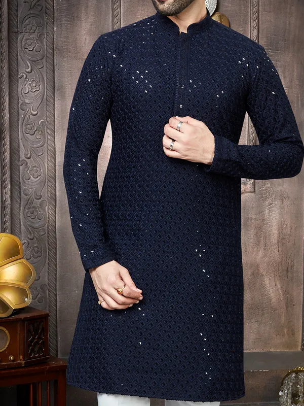 Dark blue georgette sequins kurta suit for men