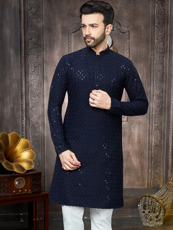 Dark blue georgette sequins kurta suit for men