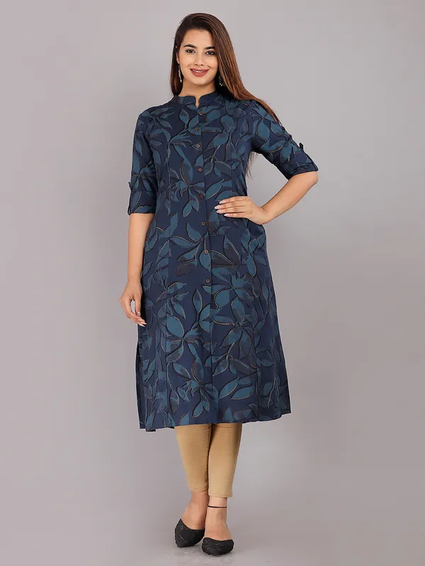 Dark blue printed cotton kurti