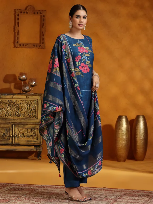 Dark blue printed festive wear silk kurti set
