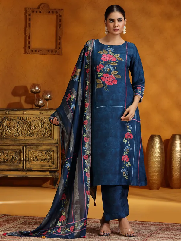 Dark blue printed festive wear silk kurti set