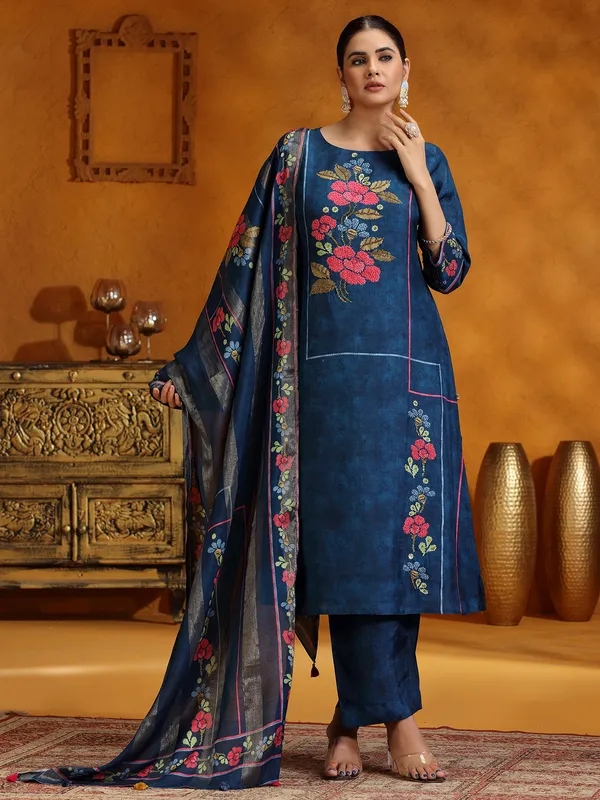 Dark blue printed festive wear silk kurti set