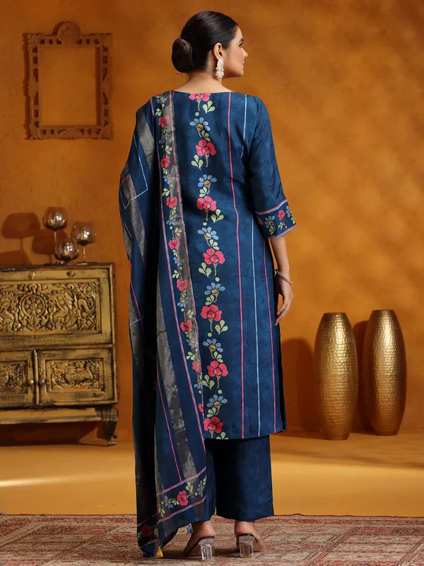 Dark blue printed festive wear silk kurti set