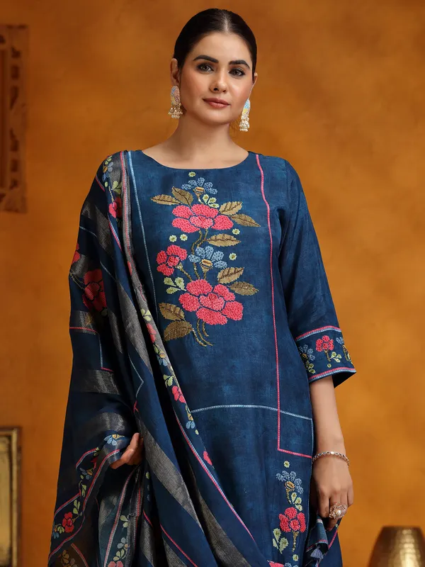 Dark blue printed festive wear silk kurti set