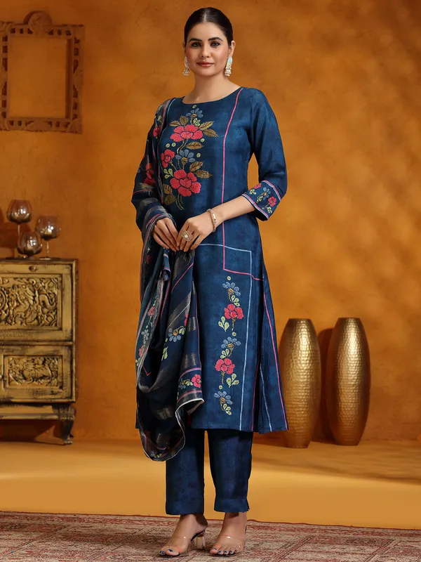Dark blue printed festive wear silk kurti set