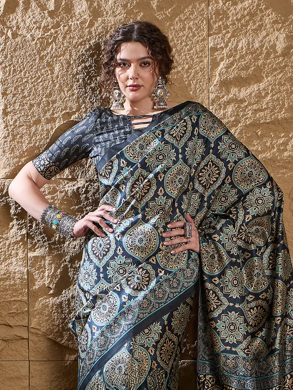 Dark blue printed saree in bhagalpuri silk