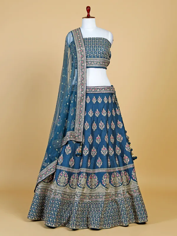 Dark blue raw silk unstitched lehenga choli