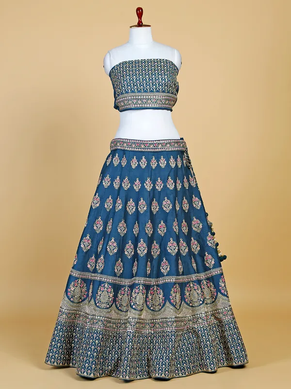 Dark blue raw silk unstitched lehenga choli