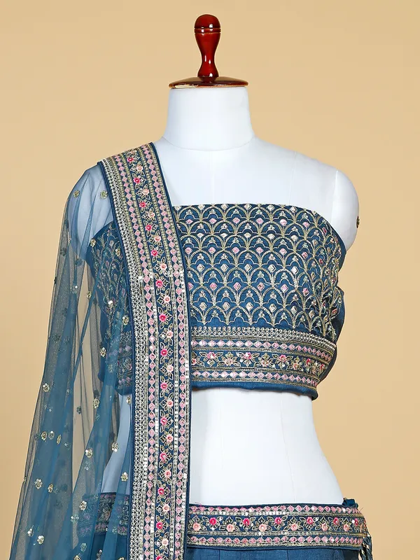 Dark blue raw silk unstitched lehenga choli