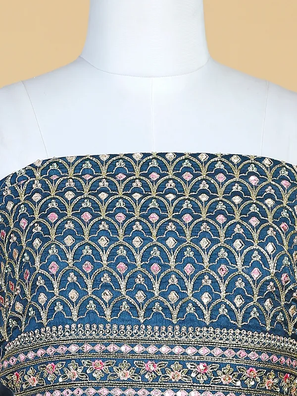Dark blue raw silk unstitched lehenga choli
