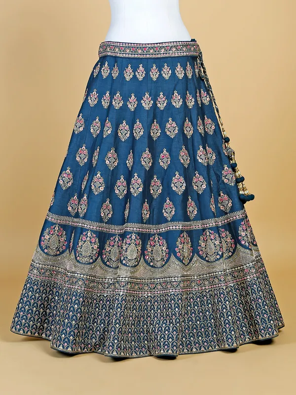 Dark blue raw silk unstitched lehenga choli