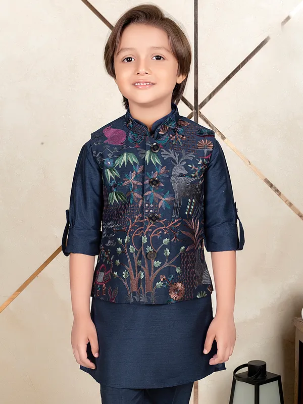 Dark blue silk festive wear waistcoat set for boys