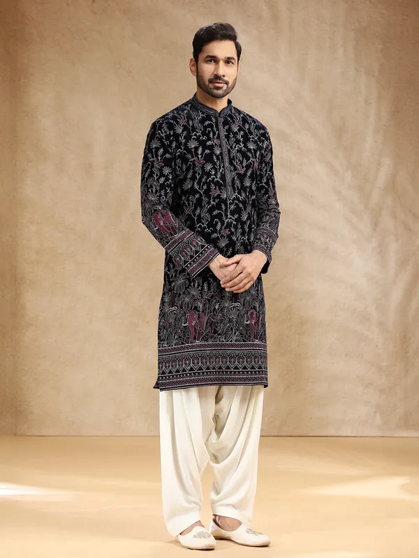 Dark blue velvet kurta pajama with shimmering resham work