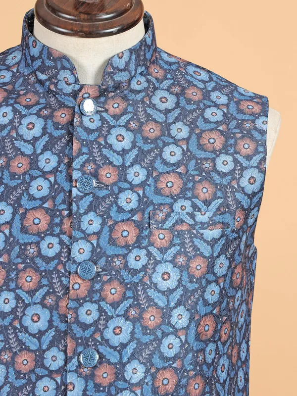 Dark blue zari textured waistcoat for men