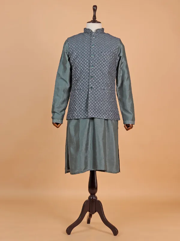 Dark bottle green silk waistcoat set for man