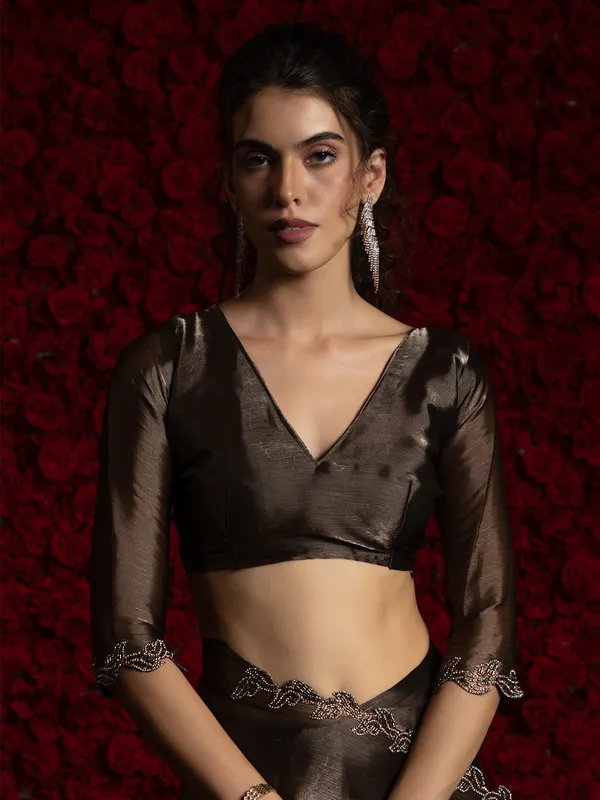 Dark brown chiffon saree with stone embellishment
