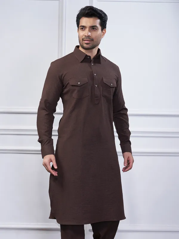 Dark brown cotton plain mens pathani suit