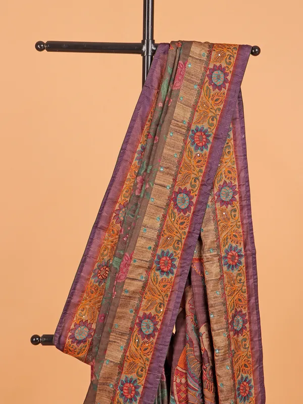 Dark brown cotton silk printed saree