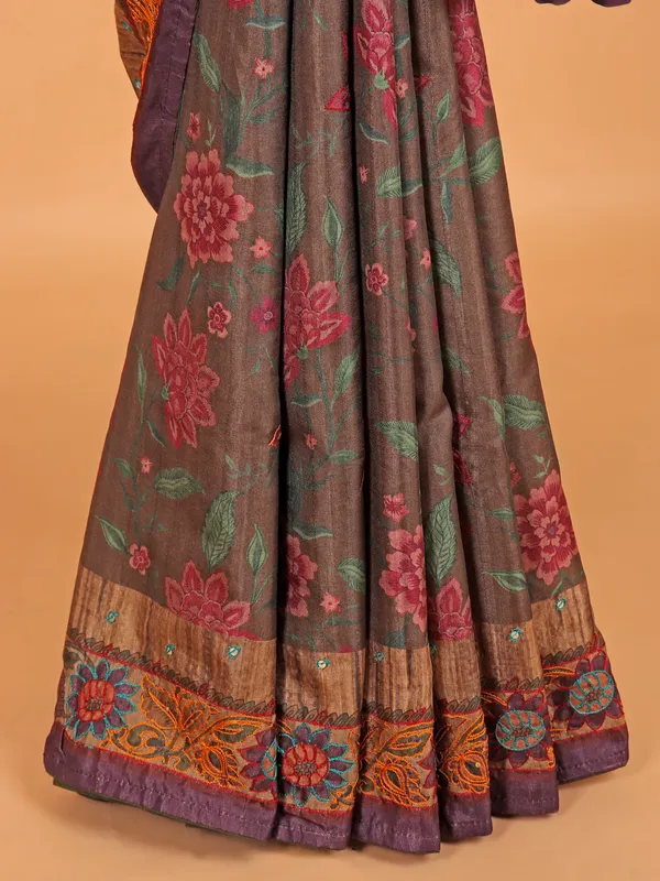 Dark brown cotton silk printed saree