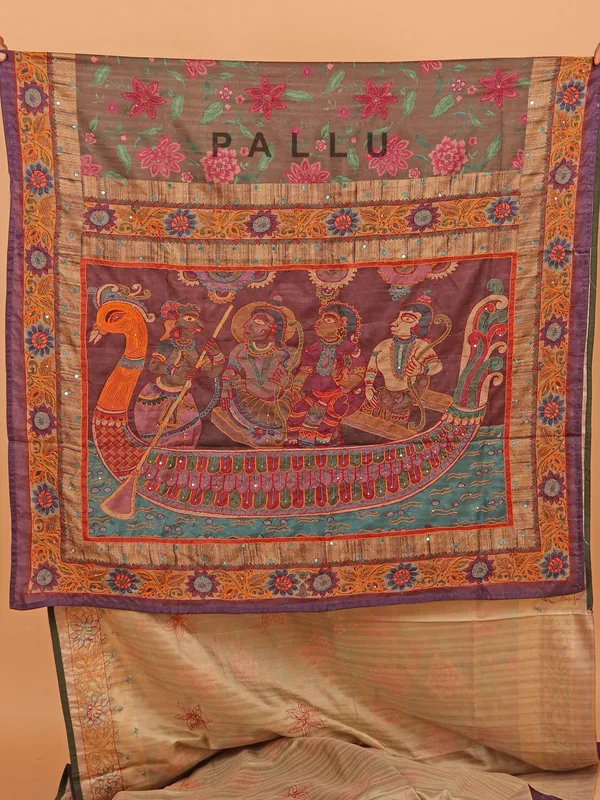 Dark brown cotton silk printed saree